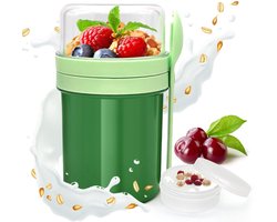 Herbruikbare yoghurtparfaitbeker met deksel en lepel; bakje voor overnight oatmeal met sausdispenser; lekvrije puddingbeker voor yoghurt, fruit, groenten, muesli en lunch voor fitness op kantoor (groen).