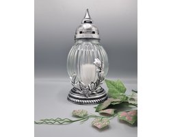 Herdenkingslicht - R492g-sr - Zilver - Bloemen - Grafkaars – Graflicht – Graflantaarn – Grafdecoratie - Windlicht