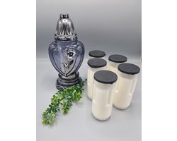Herdenkingslicht - Zilver - Grijs glas - Calla - 5x Navul 60 uur - Grafkaars – Graflicht – Graflantaarn – Grafdecoratie - Windlicht