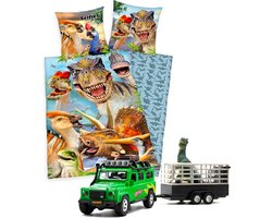 Herding- dekbedovertrek Dinosaur Selfies- 140x200- katoen- dubbelzijdig- ritssluiting- Dino's, incl. Speelgoed Dino Transport.