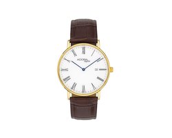 Herenhorloge Adora Saphir – Klassiek met Romeinse cijfers, Goudkleurige kast, Saffierglas, Bordeauxbruine leren band – AS4735