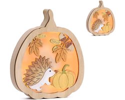 Herfst decoratie-sfeerlamp-lampen-Verlichte herfstdecoraties - Egel LED-tafeldecoraties - Pompoen- en glitterlampjes - Houten herfstlampjes voor de oogst, Halloween, herfstdecoratie voor thuis - 15,4 x 12,5 cm