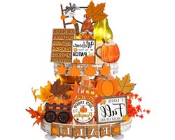 Herfst Dienblad Decoratieset - Pompoen Kabouter Decoratie - Tafel Aankleden - 21 Delige Houten Set - Niet Gespecificeerd - Multicolor