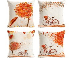 Herfst Kussenhoezen 4 stuks - Herfstdecoratie - Esdoornblad - Linnen - 45 x 45 cm