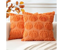Herfst Kussenhoezen Set van 2 met Pompoen Motief voor Bank en Bed - Zachte Pluche Velours Kussens voor Halloween 45 x 45 cm Oranje