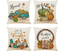 Herfst kussensloop 45 x 45 cm, 4-delige set, oranje esdoornblad, decoratief kussen, kussenhoes, geel, pompoen, sierkussen, natuur, landhuisstijl, linnen, sofakussen, kussenslopen voor bank en woonkamer