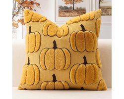 Herfst omzoomde pompoenen kussenhoes 45x45cm set van 1 decoratieve herfst zachte pluche korte wollen fluwelen kussensloop voor bank bank bed woonkamer boerderij Thanksgiving decor mosterdgeel
