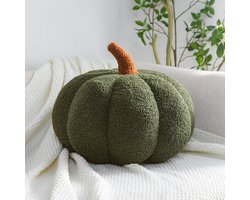 Herfst-pompoenkussen | Decoratief kussen van teddyfleece voor bank of bed | Sfeervol woonaccessoire voor herfst en Halloween, Groen,Diameter van 20 cm