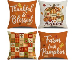 Herfstdecoratie Kussenslopen 45x45 cm, Katoen Linnen met Pompoen Motief, Decoratieve Kussens voor Bank en Couch Thuis, Perfect voor Thanksgiving en Feestdagen