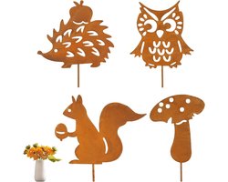Herfstdecoratie voor de tuin - 4-delige set met egel, uil, paddenstoel en eekhoorn - metalen stapelbare tuinaccessoires voor bloempotten en patio's