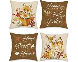 Herfstkussens met Dieren 45 x 45 cm - Vos, Hert, Pompoenen en Esdoornbladeren - Decoratieve Kussens voor Bank, Bed en Tuin - Set van 4 Stuks
