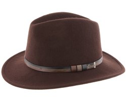 Herman chapeau grand bord droit en feutre marron avec ceinture faux cuir bicolore