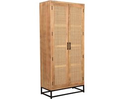 Hermoso Living - CANE - Garderobe kast - Mangohout, rotan fronf met zwart stalen frame - 2 deuren - 3 legplanken (2 uitneembaar) - uitneembare houten gaderobe stang