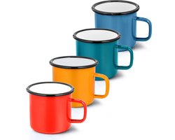 Herogo Emaille Mok Set van 4, 350ml Koffiekopjes Rood/Blauw/Groen/Geel, Porseleinen Emaille Theekopjes Koffiemokkenset met Handvat voor Kamperen, Thuis, Feest, Kantoor, Herbruikbaar & Draagbaar