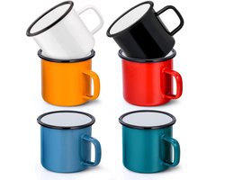 Herogo Emaille Mok Set van 6, Koffiekopjes Wit/Zwart/Rood/Blauw/Groen/Geel, Porseleinen Emaille Theekopjes Koffiemok Set met Handvat voor Camping, Thuis, Feest, Herbruikbaar & Draagbaar, 350ml