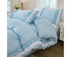 Herside Lichtblauwe beddengoedset, tweepersoons wit gegolfd dekbedovertrekset, boho, 2 lagen, ruches, bedrukt, zachte microvezel dekbedovertrek met 2 effen kussenslopen