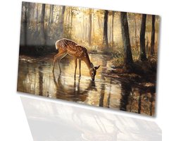 Hert bij bosvijver in ochtendlicht - Hert glasschilderijen - Muurkunst dieren - Realistische kunst - Plexiglas - Acrylkunst op glas - acrylglas 45x30 cm