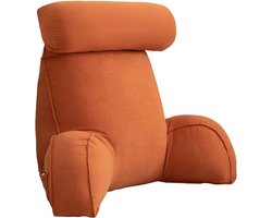 Het leeskussen is voorzien van een afneembare neksteun en een grote rugleuning met armleuningen en zijvakken, perfect voor rugondersteuning tijdens het ontspannen, gamen of lezen. - Oranje