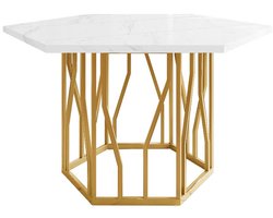 Hexagon Tafel Set – Eettafel Set – Diningset – Marmeren Tafel – Stoelenset – 5-Delig – Grijze Fluweel Stoelen – Gouden Poten – Modern Design – Duurzaam Niet-Houten Blad