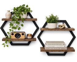 Hexagon Wandplank Set van 2 - Industrieel Zwevende Plank - Hout en Metaal - Muurplank voor Woonkamer, Slaapkamer, Keuken & Badkamer - 15kg Draagvermogen - Zwart/Hout
