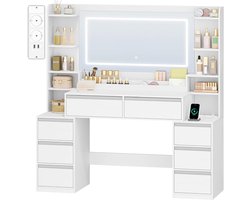 HEXCELEN Grote Kaptafel met 3 Kleuren Ledverlichting, Make-uptafel met Spiegel en Verlichting, Stopcontacten, Haardrogerhouder, 8 Laden, Meerdere Open Opbergruimtes, 40 × 135 × 145,2 cm, Wit-Zilver