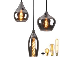 HeyHeaven® Smoke Glas Hanglamp 3 Lichts | Industrieel | Woonkamer | Eetkamer | Slaapkamer | Zilver Rookglas