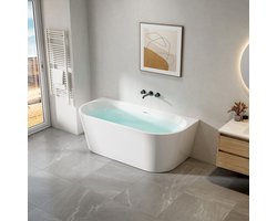 H&F Halfvrijstaand Bad 170x78x58 cm Wit Acryl – Inclusief Afvoerset & Click Waste | Modern Design Vrijstaand Ligbad | Luxe Badkamer Bad