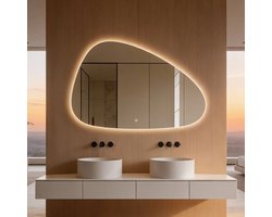 H&F LED Badkamerspiegel Organisch 100x60 cm – Dimbaar – 3 Lichtkleuren – Anti-condens – Touchbediening – Verlichte Design Spiegel Badkamer