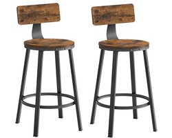 HHHK - Barkruk Set van 2 - Barkruk - Barkrukken met Rugleuning - Barkruk industrieel - 62.5cm Hoog - Barstoelen - Zwart met Bruin