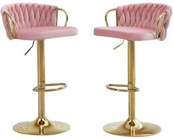 HHHK - Barkrukken - Barkrukken set van 2 - Barkrukken met Rugleuning - Barkrukken Verstelbaar - Metaal - Stof - Goud - Roze
