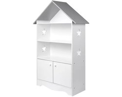 HHHK - Boekenkast - Kinderkast - Speelgoedkast - Opbergkast - 28x62x115 cm - Grijs - Wit - Hout - Kinderboekenkast - Huis Vorm