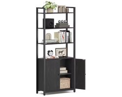 HHHK - Boekenkast - Opbergkast - Wandkast - Boekenrek - 24x60x159,5cm - Zwart - Industrieel - Hout en Metaal - Kast - Vitrinekast