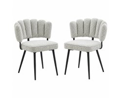 HHHK - Eetkamerstoelen Set van 2- Licht Grijs - 60x60x80cm - Bloemvorm - Zwart Metalen Poten - Bouclé - Stoel - Comfortabel