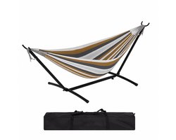 HHHK - Hangmat met Standaard - 2 Peroons - Grijs Bruin - Draaggewicht 225 kg - 280x110x100cm - Stalen Frame - Inclusief Opbergtas