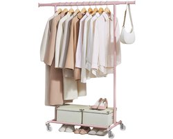 HHHK - Kledingrek - Kledinghangers - Dressboy - Kledingrek op Wieltjes - Kledingstang - Kledingrek Metaal - Roze - Verstelbaar