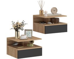 HHHK - Nachtkastjes Set van 2 - Nachtkastje - Nachtkastje Zwevend - Bruin Zwart - Met Lade - Hangend Nachtkastje - 32x35x22,5cm