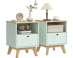 HHHK - Nachtkastjes Set van 2 - Nachtkastje - Nachtkastjes - Met Lade - 40x40x55 cm - Eiken Kleur en Mint Groen - Modern