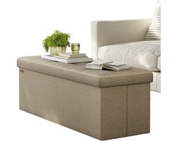 HHHK - Opbergpoef - Licht Bruin - 38x110x38cm - Opbergbox - Poef met Opbergruimte - Opbergbank - Opbergmand - Opbergkist - Linnen