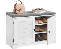 HHHK - Schoenenkast - Kast met Bankje - 3 Etages - Grijze Zitkussen - Schoenenbank - Schoenenkast met Deuren - Schoenenkast Wit