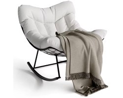 HHHK- Schommelstoel - Witte Kussen en Zwart - Metalen Frame - Met Dikke Kussen - Lounge Tuinstoel - Schommelstoel Buiten