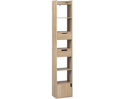 HHHK - Smalle Hoge Boekenkast - Wandkast - Opbergkast - Bruin - 24x33x181cm - Boekenrek - Boekenplank - Met 3 Lades en 1 Deurtje