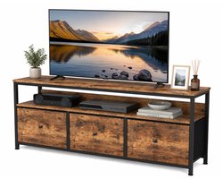 HHHK - TV Meubel - Zwart - Vintage Bruin - TV Kast - TV Meubel Industrieel - TV Meubel Hout - 29,9x108x57cm - TV Bankje - LED