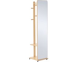 HHHK - Vrijstaande Spiegel - Verrijdbaar - 44,5x40x170cm - Bruin - Met Plank en Hanggedeelde - op Wielen - Kapstok - Kledingrek