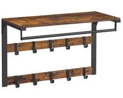 HHHK - Wandkapstok - Kapstok Hangend - Kapstok Muur - Hout en Metaal - Zwart - Vintage Bruin - 30x65x42 cm - Met Hoedenplank
