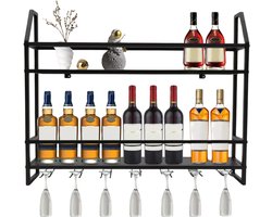 HHHK - Wijnrek muur - Wijnrek Wand - Metaal - Zwart - 80x12x62cm - Wijnhouder - Flessenhouder - Wijnglazenhouder - Wand Gemonteerd