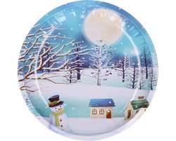 HI bord met sneeuwpop - blauw - metaal - 26 cm - kerstontbijt - kerstdiner - kerstartikelen