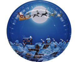 HI kinderbord met kerstman op slee - blauw/wit - metaal - 26 cm - kerstontbijt - kerstdiner - kerstartikelen