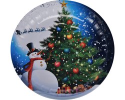 HI kinderbord met sneeuwpop - 2x stuks - blauw/wit - metaal - 26 cm - kerstontbijt - kerstdiner - kerstartikelen