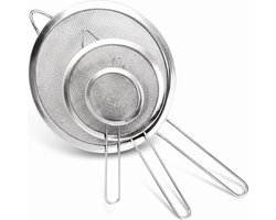 HI NATURE™ Bolzeven - Zeef 3-delige set - Vergiet RVS - Ø20cm, Ø16cm & Ø8cm - Keuken vergiet/zeef - Fijnmazig Zeef - Premium Roestvrij Staal - Keukenzeef Set - Bolzeef - Lange handgrepen - Vaatwasserbestendig - Zilver