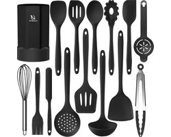 HI NATURE™ Keukengerei Set met Houder 15 delig - Siliconen spatels - Spatelset - Keukenspatel | Pannenlikker, Garde, Bakkwast, Pastalepel, Bakspaan, Schuimspaan | Hittebestendig - BPA vrij | Anti-aanbak - Keuken Gerei (Zwart)